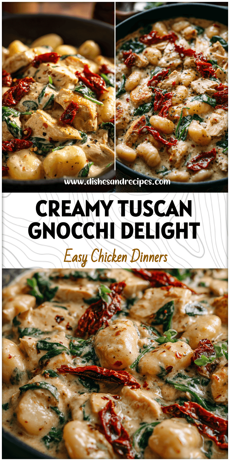 Creamy Tuscan chicken gnocchi served in a skillet with sun-dried tomatoes, spinach, and a rich sauce.
